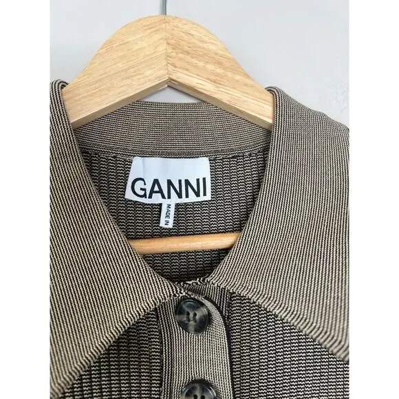 NEW Ganni Melange Collar Embroidered Short-Sleeve Knit Mini Dress Safari Size: M - Picture 4 of 8